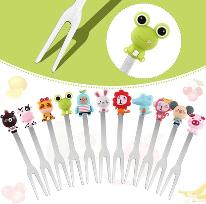 12 Pcs Food Picks for Kids with 2 Ceramic Jars Set of 2 Cute Cartoon Animal Fruit Forks Kids Toothpicks Stainless Steel Bento Picks for Kids with Silicone Handles Back to School Party Supplies