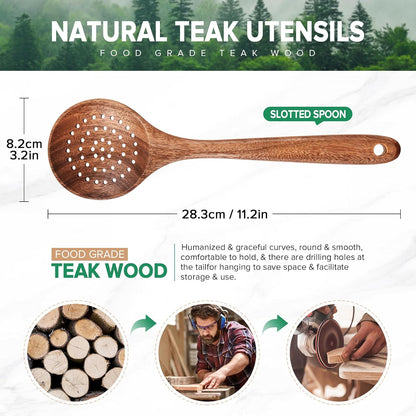 Wooden Slotted Spoon for Cooking, Teak Skimmer Strainer,11.2″