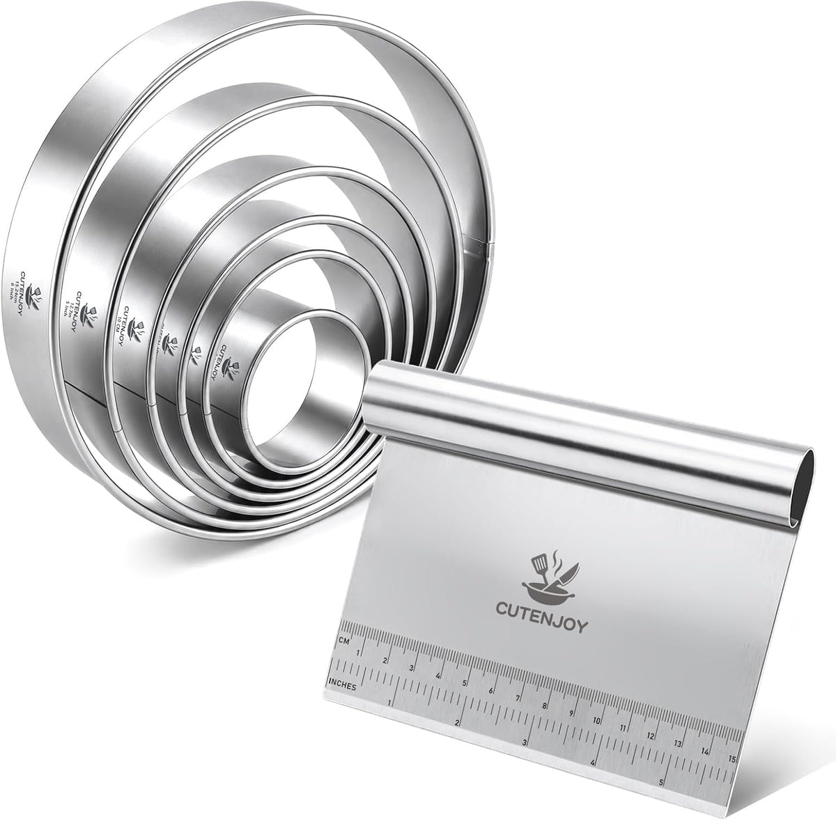 Bench Scraper with 6-Piece Round Cookie Cutters Set, Stainless Steel