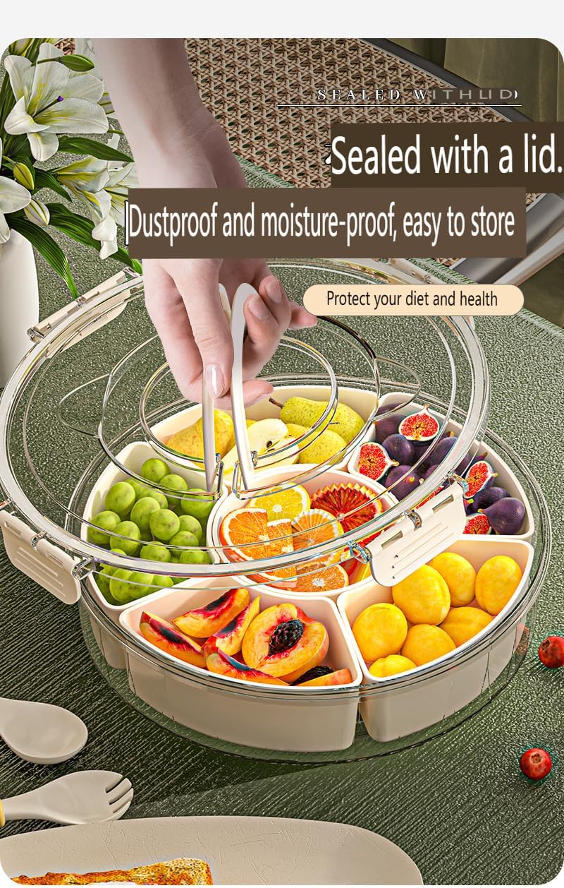 Rotating Fruit Storage Container with Lid, 6-Section Snack Organizer, Airtight Tray with Handle for Fruits, Nuts, Candy
