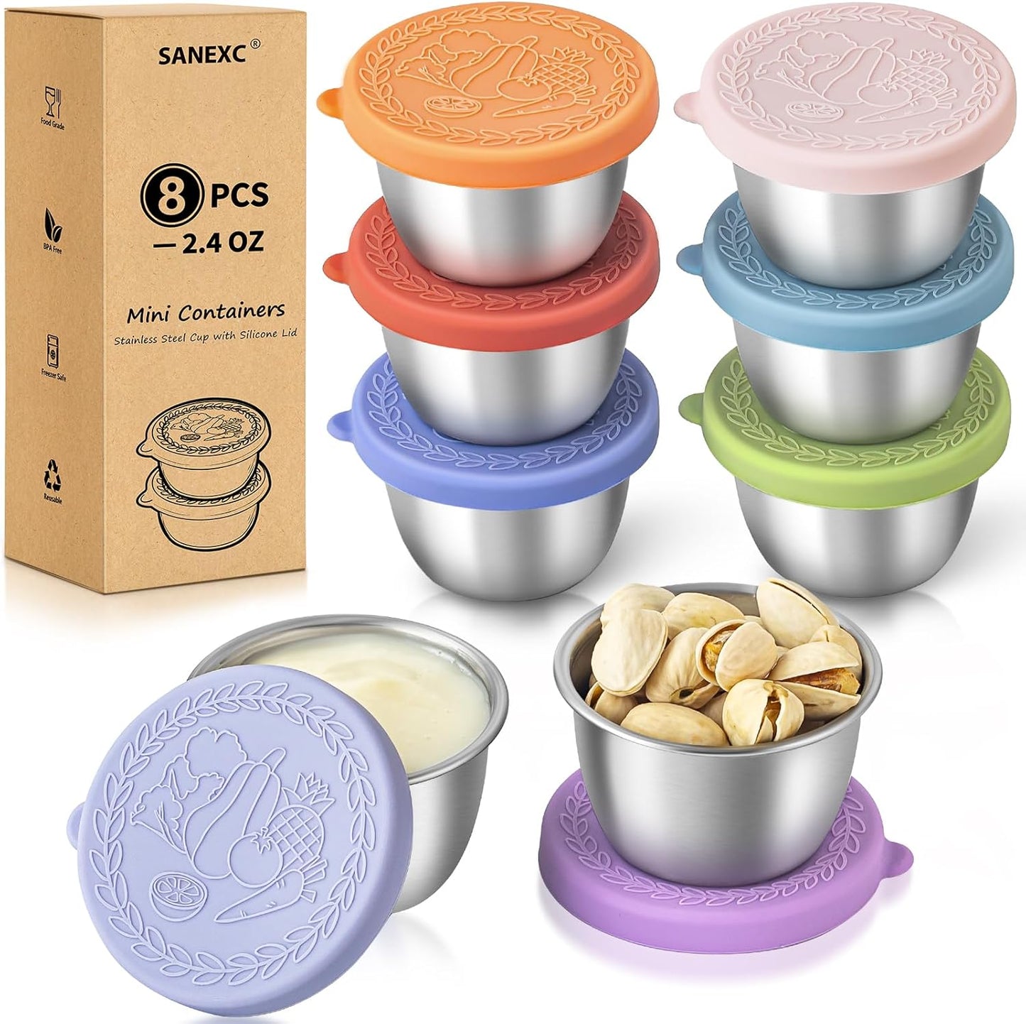 SANEXC 8 Pack - 1.6 Oz Small Salad Dressing Containers To Go, Leakproof Condiment Containers with Lids Reusable Stainless Steel Sauce Cups for Lunch Boxes Kitchen Storage Picnics Travel Meal Prep