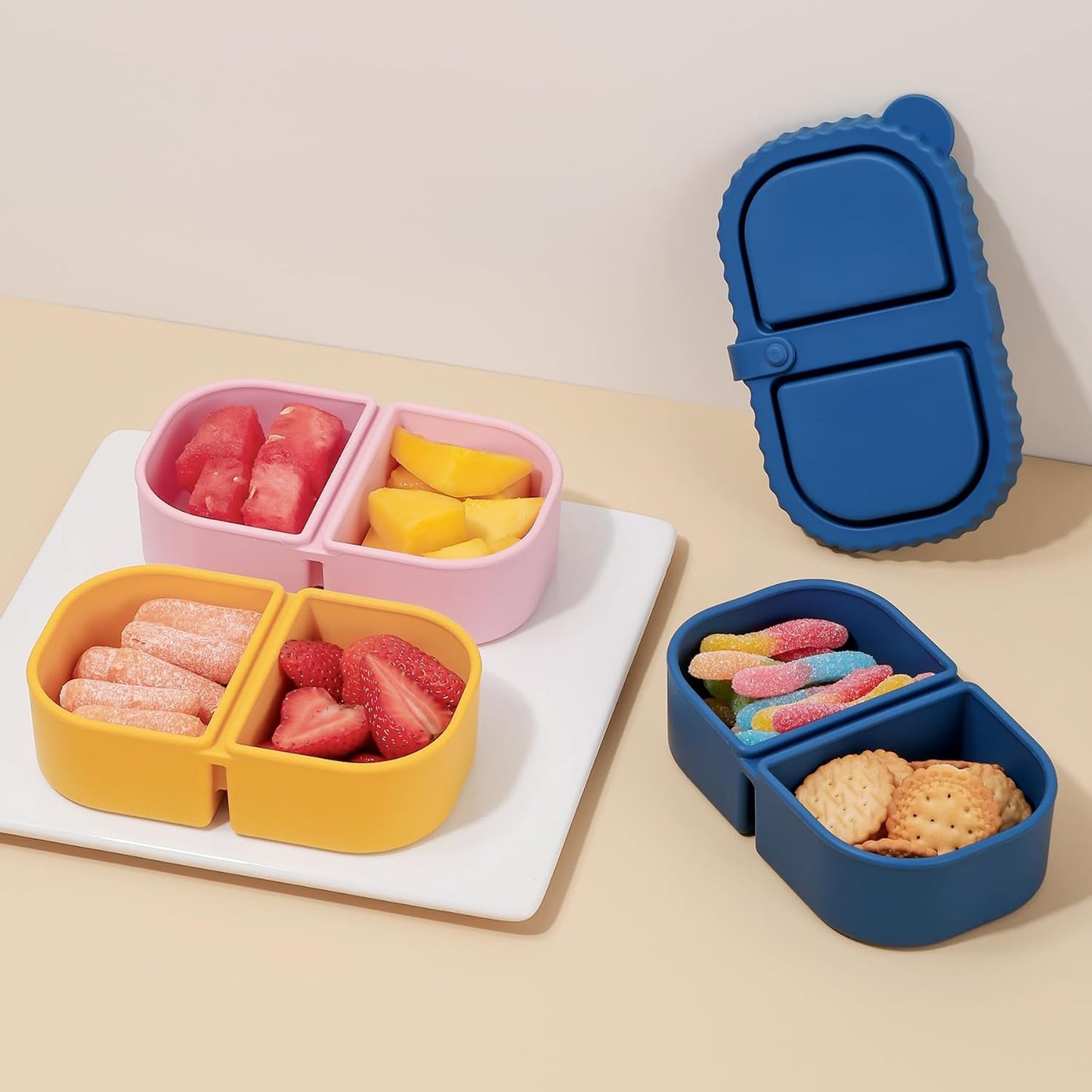 Silicone Reusable Snack Containers with Lids, 4 Pack 3 Compartment Bento Snack Boxes, Leakproof Food Storage Containers for Meal Prep, Lunch, Fruits, Kids & Adults, Dishwasher Safe