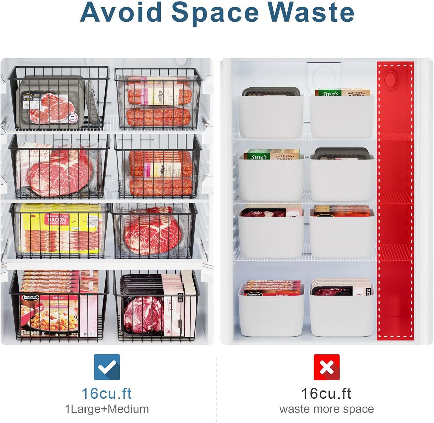 iSPECLE Freezer Organizer Bins - 4 Pack Upright Freezer Baskets for 17/21 Cu.Ft Stand Up Freezer, Wire Storage for Reach-In Freezer, Slide-Out Access, Prevents Items Falling, 2 Large 2 Medium, White