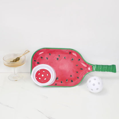 UPware Watermelon Melamine Chip and Dip Snack Tray, Summer Fruit Pickleball Paddle Shape Platter for Chips, Salsa, Fruits, and Appetizers, 15.75 x 8 Inch