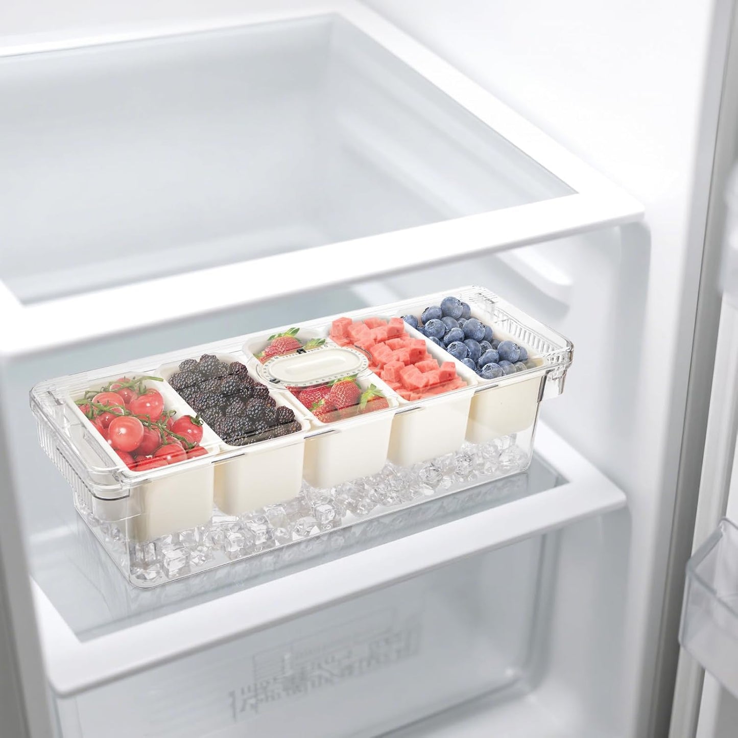 Jucoan Large Ice Chilled Condiment Server with Lid, 5 Compartment Chilled Condiment Caddy, Taco Bar Serving Tray, Garnish Holder Tray for Bartenders Mimosa Salad Soda Bar Supplies, 2 Tongs, 5 Forks