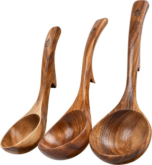 Teak Wooden Ladle for Soup, 3 Pcs Wood Ladle Spoon with Back Hooks