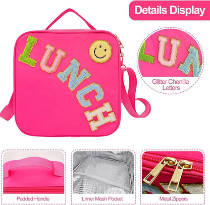 Insulated Lunch Bag With Adjustable Shoulder Strap, Nylon Preppy Lunch Box Large Insulated Lunch Bag Reusable Lunch Tote Bag with Smiley Preppy LunchBag for Girls School Travel Picnic (Green)