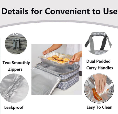 Lestyn Insulated Casserole Carrier Bag - Portable Reusable Food Transport Tote Bag Fits 9x13 Lasagna Baking Dish Pan to Keep Food Hot/Cold for Gathering/Potluck Parties/Cookout/Camping/Offices-Gray