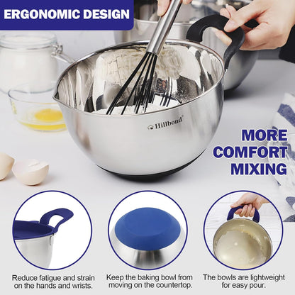 Hillbond Stainless Steel Bowls with Lids Set Mixing Bowls with Pour Spout, Silicone Handle and Non-Slip Bottoms for Baking, Metal Bowls Mixing Dishwasher Safe, Set of 3, Mother’s Day Gift (Black)