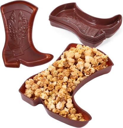 Uiifan 24 Pcs Cowboy Boot Serving Trays, Western Party Decorations Disposable Western Party Supplies Plastic Cowgirl Boot Plates for Snacks(Brown)