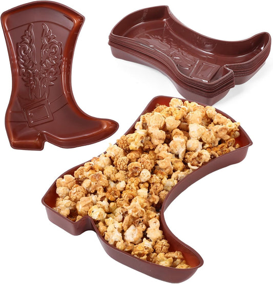 Uiifan 24 Pcs Cowboy Boot Serving Trays, Western Party Decorations Disposable Western Party Supplies Plastic Cowgirl Boot Plates for Snacks(Brown)