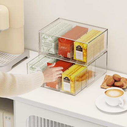 2 Pack Clear Tea Bag Organizer, Stackable Drawer Organizer with Dividers for Pantry Bathroom Vanity Kitchen - Cabinet Countertop Shelf Plastic Storage Bins for Coffee/Makeup/Cosmetic/Crafts/Jewelry