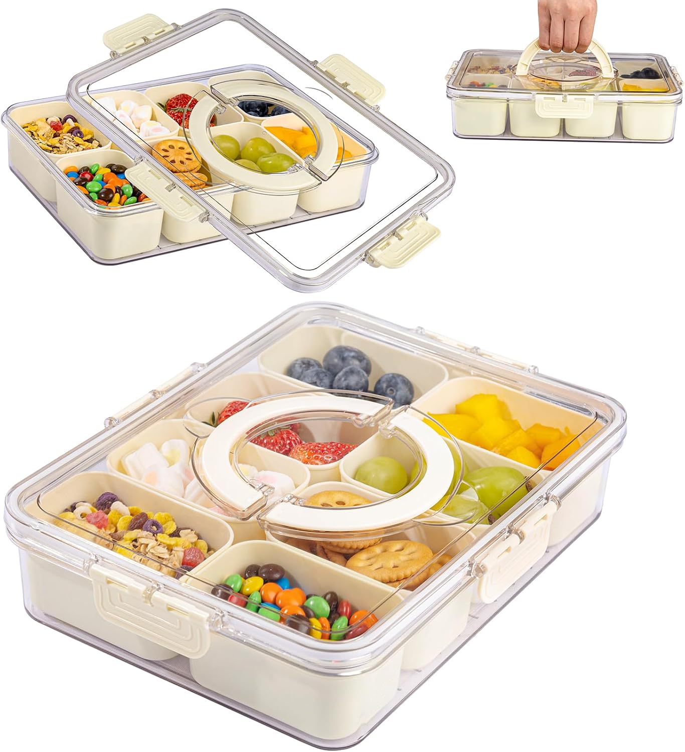 U-QE Dishwasher Safe Snackle Box Container with 8 Small Snacks Box - Premium Ivory Plastic Divided Serving Tray with Lid and Handle for Snack, Veggie, Fruits, Perfect for Party, Picnic, Entertaining