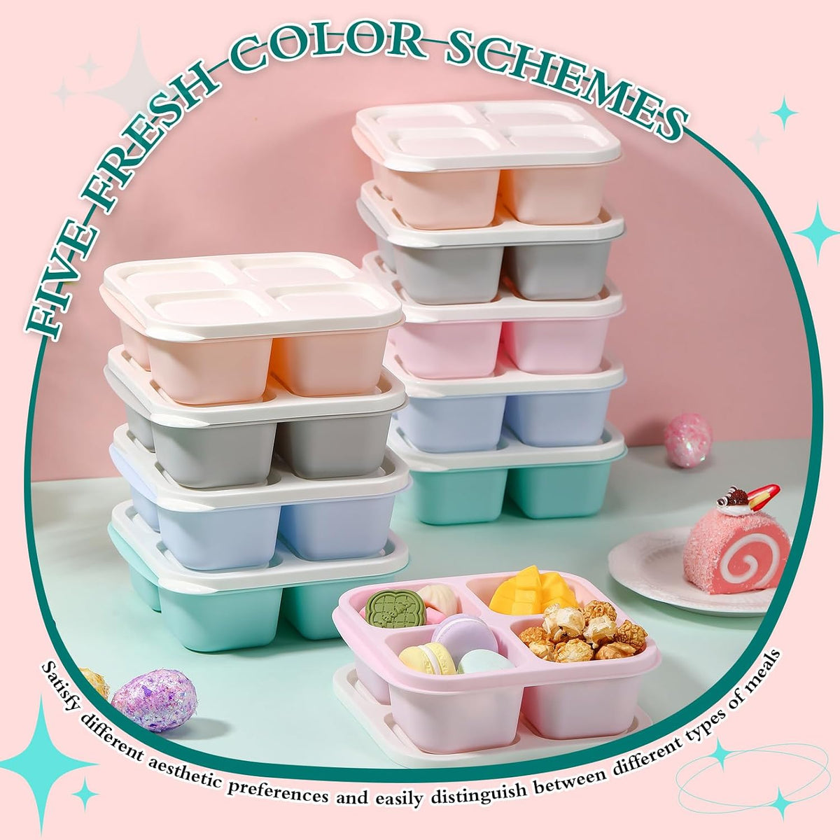Honeydak 10 Pack Bento Snack Containers 4 Compartment Snack Boxes Reusable Containers with Lids Divided Meal Prep Lunch Food Storage Box for School Work Travel