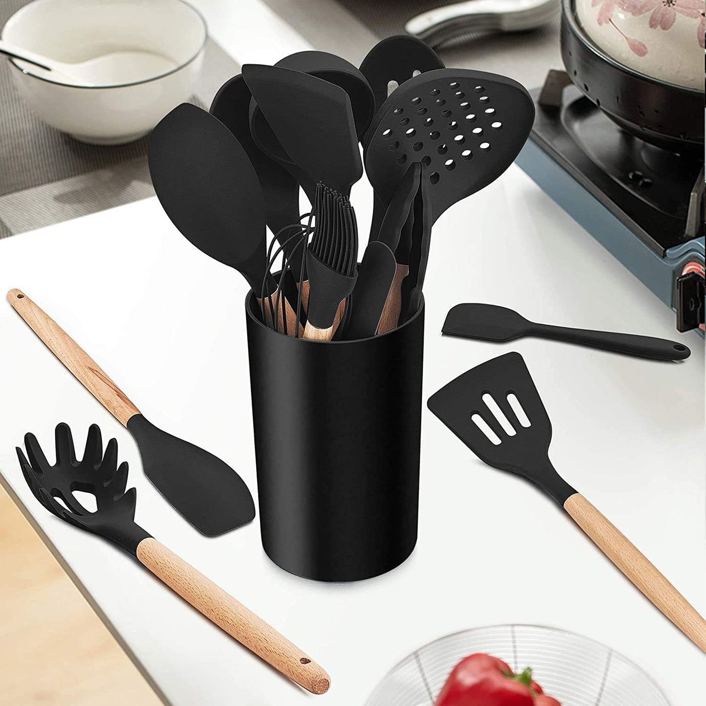 LIANYU 15 PCS Silicone Kitchen Utensils Set with Holder, Cooking Utensils set for Nonstick Cookware, Heat Resistant & Non Toxic Spatula Ladle Tong, White