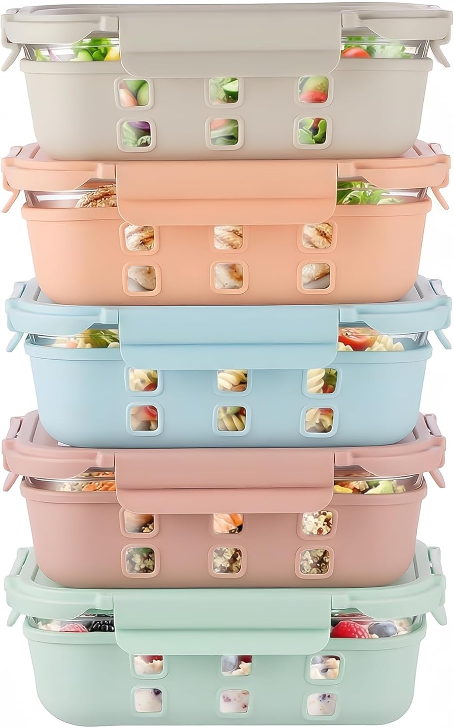 GENICOOK Glass Food Storage Containers With Glass Lids Bento Box Set Lunch Box Eco Friendly Meal Prep Containers Airtight – Plastic Free, Silicon Sleeve Bpa Free 4.4cup/ 5 * 1050ml