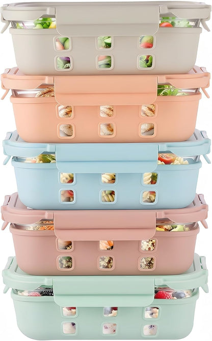 GENICOOK Glass Food Storage Containers With Glass Lids Bento Box Set Lunch Box Eco Friendly Meal Prep Containers Airtight – Plastic Free, Silicon Sleeve Bpa Free 4.4cup/ 5 * 1050ml