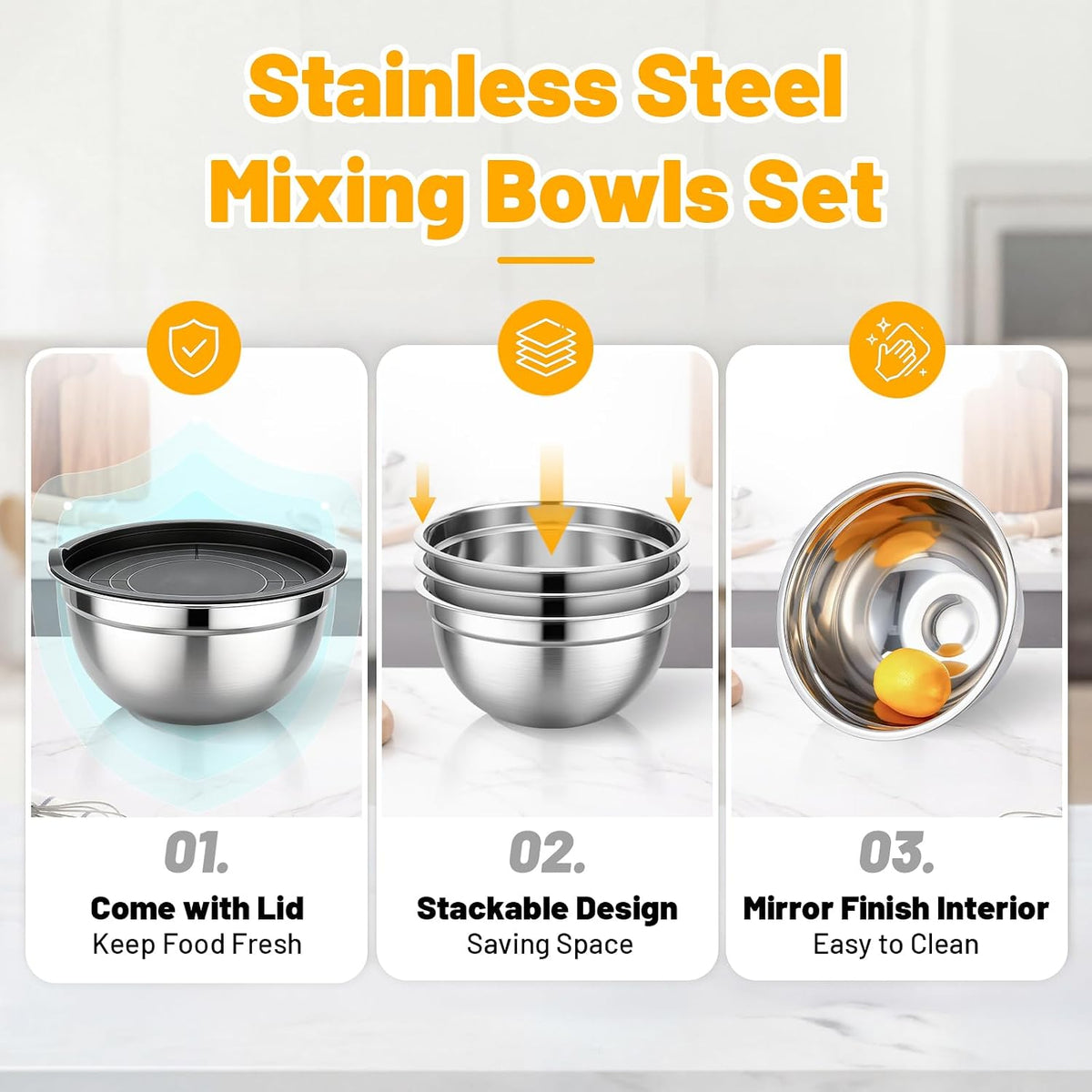 Beasea Stainless Steel Mixing Bowls, 5 Pack 1.5 QT Stackable Nesting Mixing Bowls with Airtight Lids, Metal Bowl with Lid for Baking, Meal Prepping, Salad, Serving, Food Storing
