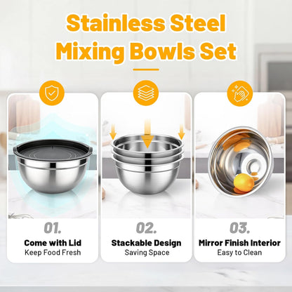 Beasea Stainless Steel Mixing Bowls, 5 Pack 1.5 QT Stackable Nesting Mixing Bowls with Airtight Lids, Metal Bowl with Lid for Baking, Meal Prepping, Salad, Serving, Food Storing