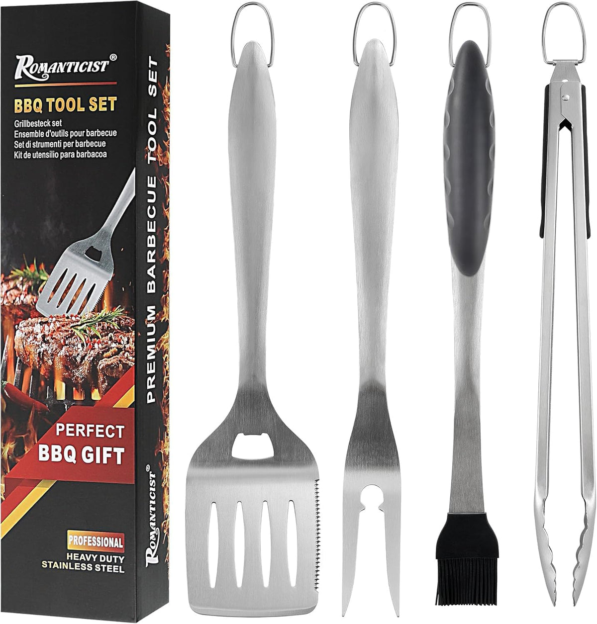 ROMANTICIST 4pc Heavy Duty Grill Accessories for Top Chef - Professional Grill Tools Set & Basic BBQ Tools for Backyard Restaurant Outdoor Kitchen - Deluxe Grill Gift for Dad on Father’s Day Christmas