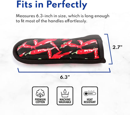 New Star Foodservice Commercial-Grade Hot Skillet Handle Cover Holder, Red Peppers Pan Cotton Handle Sleeve, Heat Resistant and Machine Washable, Set of 6