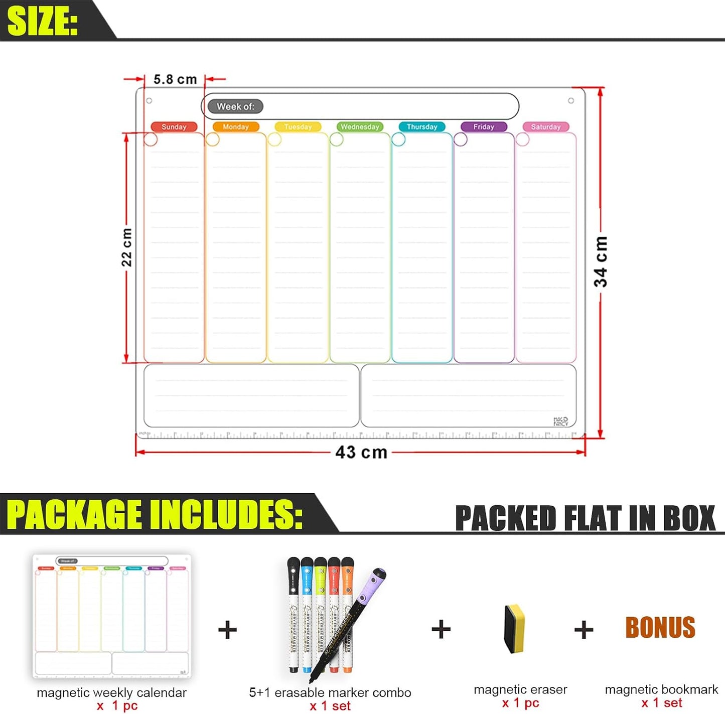 Magnetic Weekly Calendar for Fridge (Monday Start), Vertical Dry Erase Planner with Large Writing Space & Side Notes – Includes 6 Markers, Reusable Whiteboard for Busy Schedules