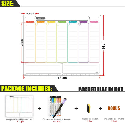 Magnetic Weekly Calendar for Fridge (Monday Start), Vertical Dry Erase Planner with Large Writing Space & Side Notes – Includes 6 Markers, Reusable Whiteboard for Busy Schedules