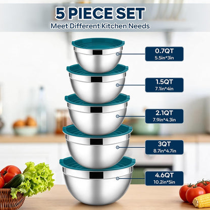 E-far Mixing Bowls With Lids Sets of 5, 10-Piece Stainless Steel Salad Metal Nesting Bowl for Baking Cooking and Prepping, Airtight Lid & Stackable Design, Size 4.6, 3, 2.1, 1.5, 0.7 QT, Black