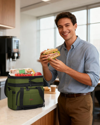 Pritent Lunch Box For Men Women Double Deck Insulated Lunch Bag For Men Woman Leakproof Expandable Cooler Bag with Adjustable Shoulder Strap for Kids Shool Work Picnic Camping(Beige,Large)