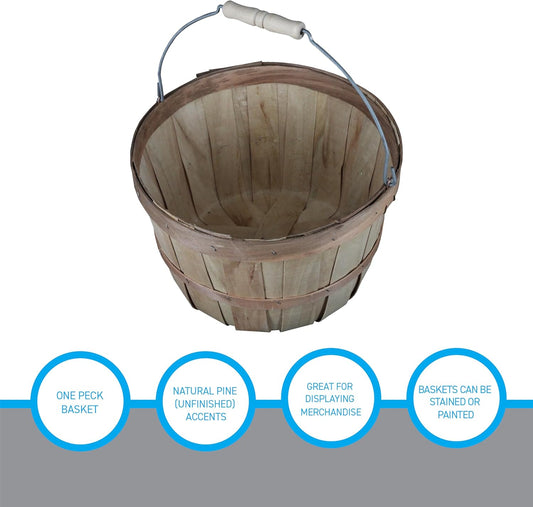 SSWBasics One Peck Basket With Handle - Set of 3 - Natural Unfinished Pine Wood Apple Basket - Durable Bushel Baskets for Produce Display - Ideal for Retail, Thrift, Boutique, Convenience Store,