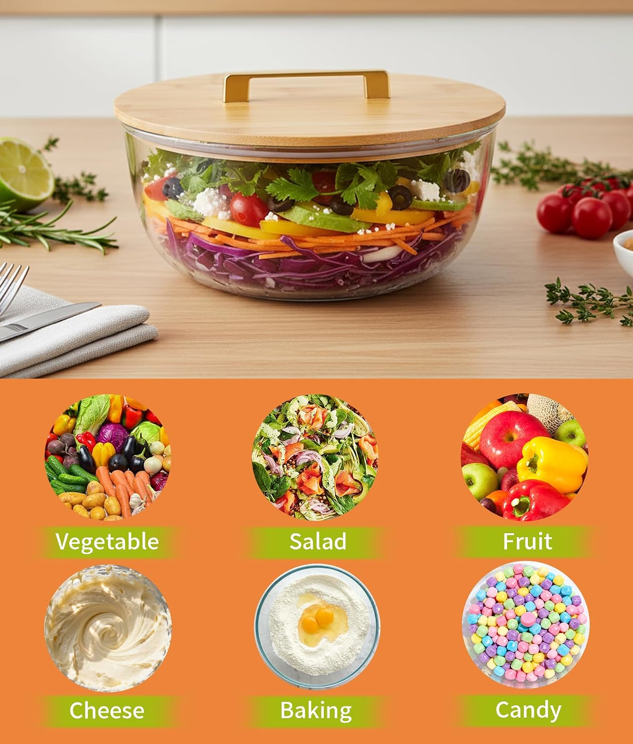 4.7Qt Large Glass Mixing Bowl with Lid, Clear Large Salad Bowls with Airtight Bamboo Lid & Handle,Thickened Glass Big Mixing Bowls Cooking Bowl for Serving, Food Prep, Kitchen,Borosilicate Glass