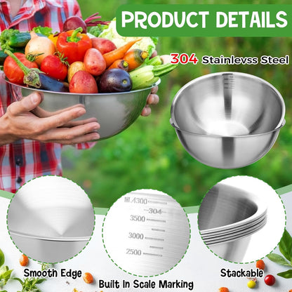 Honeydak 12 Pcs 304 Stainless Steel Mixing Bowls with Graduations, Salad Bowls Metal Serving Reusable Baking Food Storage Containers for Baking, Cooking, Salads, Soups, Ice Cream, Noodles (40 oz)