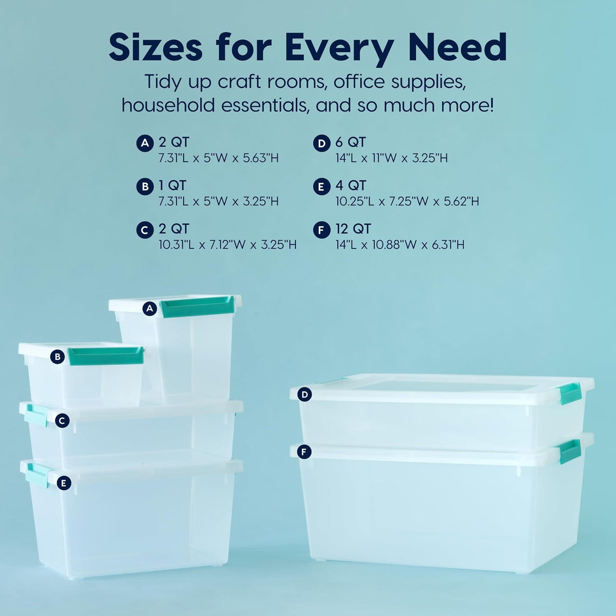 IRIS USA 12 Qt. Craft Storage Bins with Lids, 4-Pack, |Made in USA|, Clip Box, Medium Plastic Sensory Bin Tote Organizer Containers for Art Supplies, Paper, & Office, Stackable - Clear/Seafoam Blue