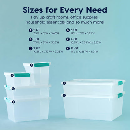 IRIS USA 12 Qt. Craft Storage Bins with Lids, 4-Pack, |Made in USA|, Clip Box, Medium Plastic Sensory Bin Tote Organizer Containers for Art Supplies, Paper, & Office, Stackable - Clear/Seafoam Blue