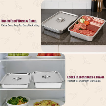 Grill Prep Trays Sets of 5, Stainless Steel Large Capacity Grilling Prep and Serve Trays Set, Marinade Containers with Lids, and Cutting Board, BBQ Grill Trays Accessories Gifts for Men