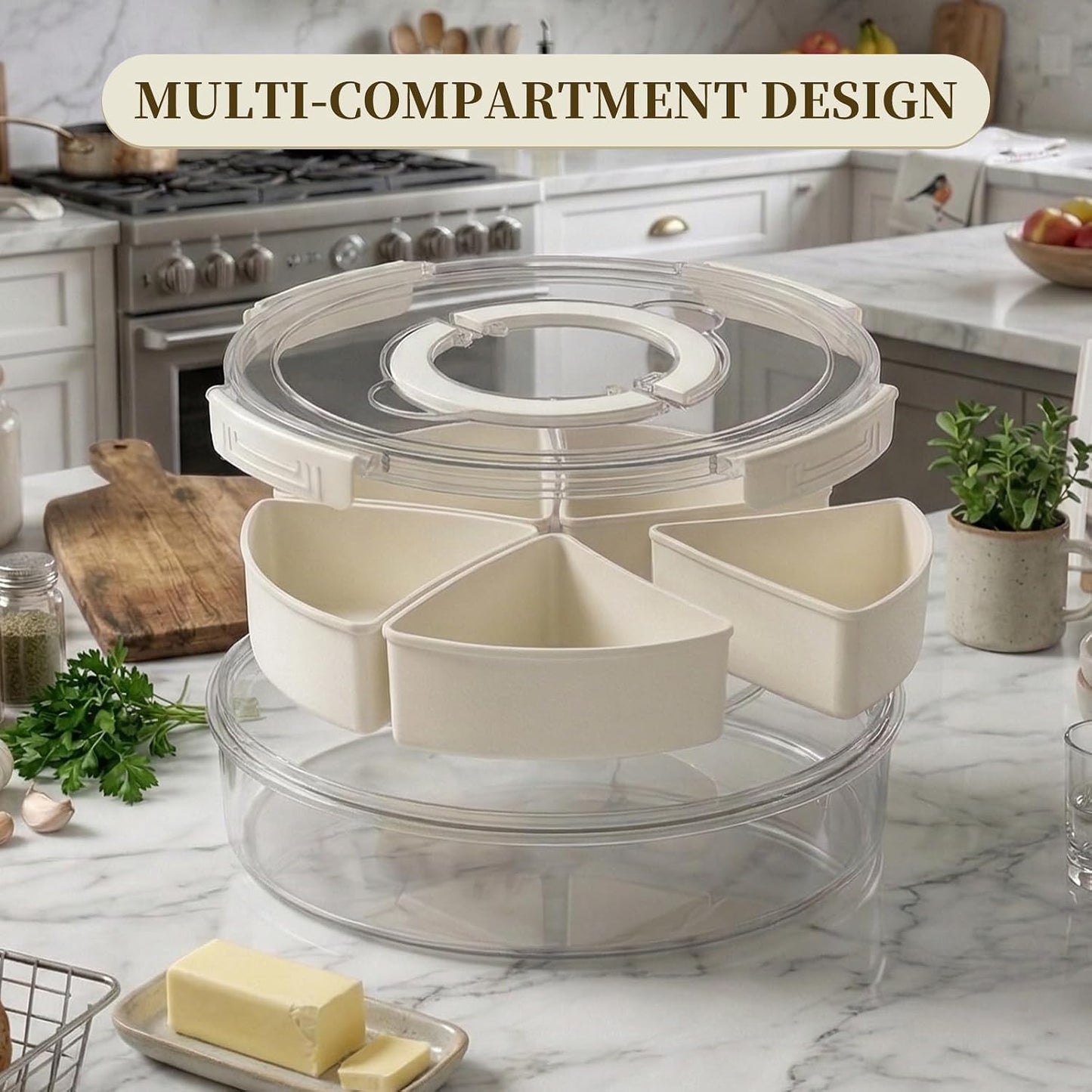 Divided Serving Tray with Lid and Handle, 6 Removable Compartments, Stackable Snack Organizer for Fruit, Veggies, Candy and Snacks