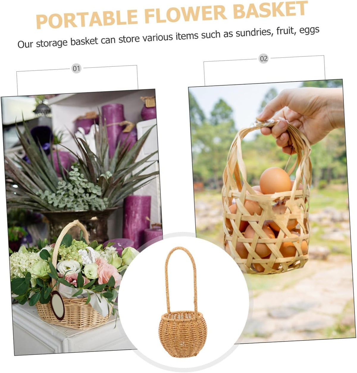 Rustic Style Plastic Rattan Storage Basket with Handle, Wear Resistant and Convenient to Carry, Unique Shape Fruit and Egg Storage Basket for Birthday or Shower