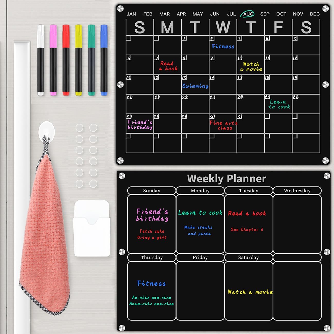 Magnetic Monthly & Weekly Fridge Calendar - Black Dry Erase Acrylic Refrigerator Planning Board Includes 6 Colorful Markers, Pen Holder, Towel, Hook