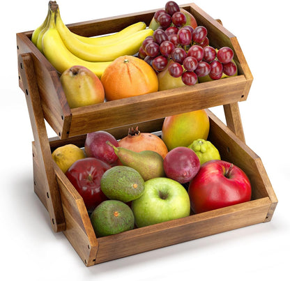 G.a HOMEFAVOR Large Bamboo Fruit Basket, 2-Tier Fruit Bowl for Kitchen Counter, Vegetable Storage Stand for Fruit Shop, 15 mm Thickness (Self-assembly)