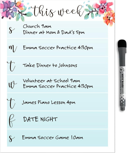 Dry Erase Weekly Calendar Planner Sticker Decal | Removable & Reusable | Magnetic Fine-Tip Marker Included (6 x 9 inches, White)