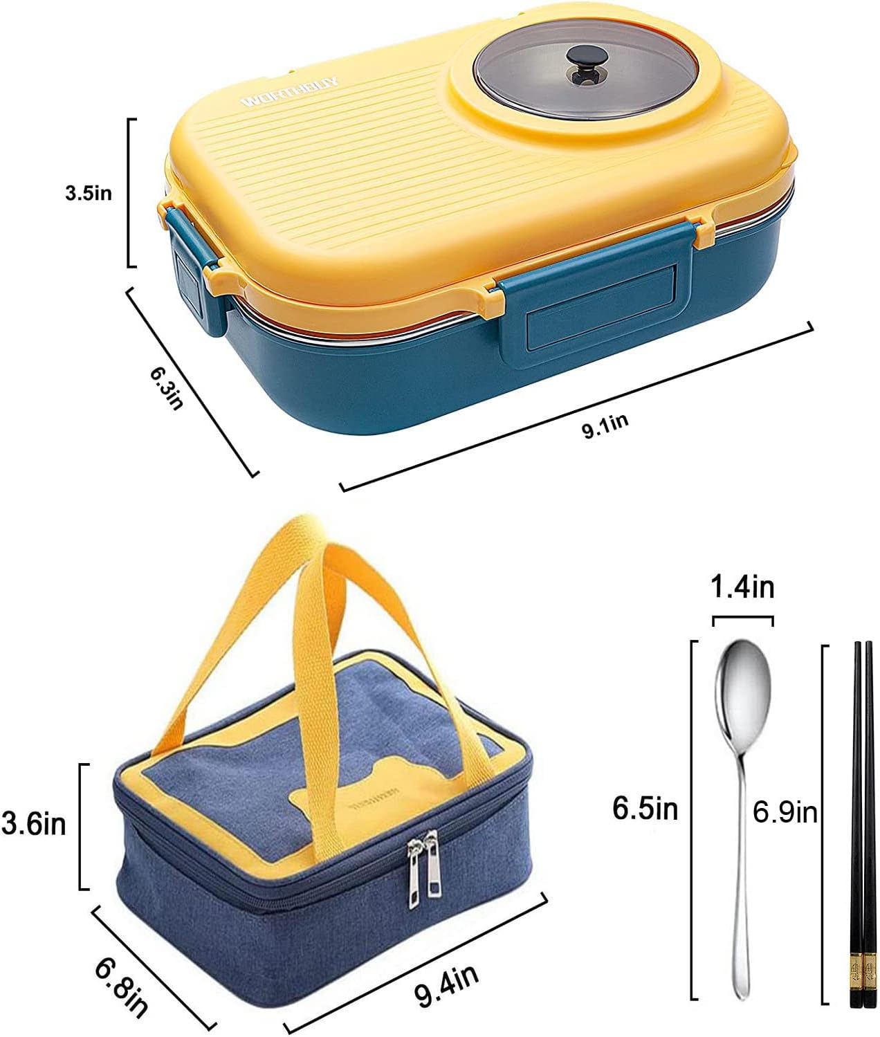 3 Compartments Bento Lunch box with Soup Bowl, Insulated Lunch Bag and Portable Utensils, Stainless Steel Camera Lunch Containers，Leak Proof Bento Box for Kids Adults Men Women…