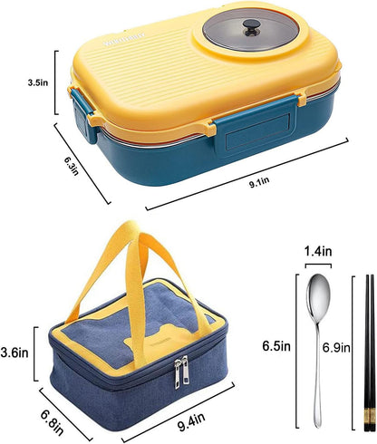 3 Compartments Bento Lunch box with Soup Bowl, Insulated Lunch Bag and Portable Utensils, Stainless Steel Camera Lunch Containers，Leak Proof Bento Box for Kids Adults Men Women…