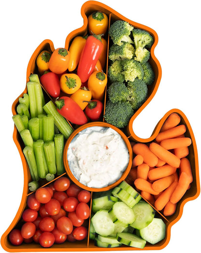 KOLORAE Michigan Serving Tray - Unique 7 Compartment Mitten State Reusable Snack Tray w/Dressing Cup. Great for Entertaining and Storage for Appetizers, Snacks, Chips & Dip