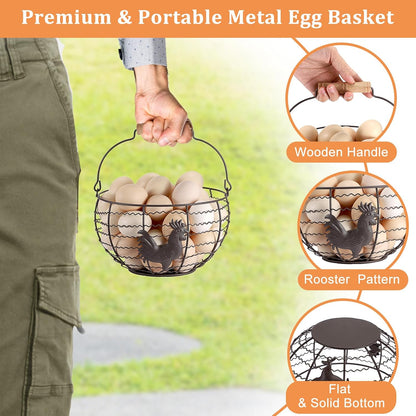 3 PCS 8’’ Farmhouse Egg Collecting Basket with Wood Handle, Rustic Metal Wire Chicken Eggs Holder Basket for Countertop Kitchen, Wire Egg Basket Vintage Style, Round, Rooster Pattern
