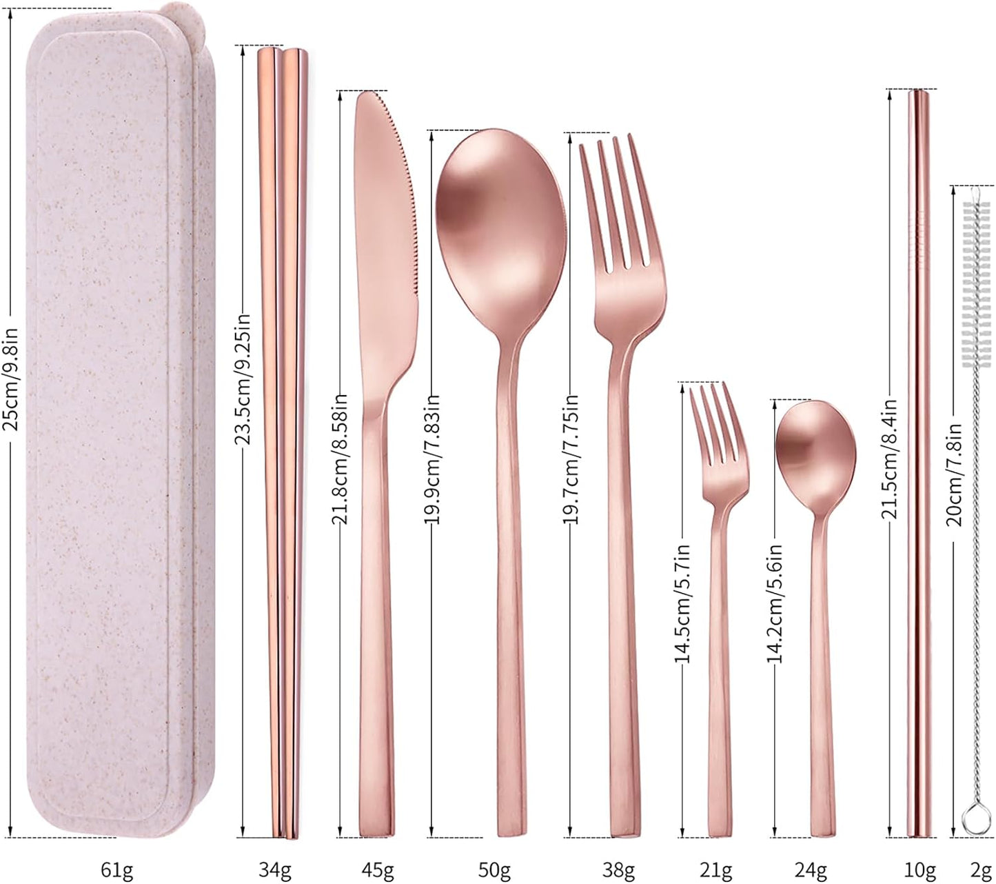 AARAINBOW 8 Pieces Stainless Steel Flatware Set Portable Reusable Cutlery Set Travel Utensils Set Including Chopsticks Knife Fork Spoon Straws Cleaning Brush Dishwasher Safe (Pink Golden)