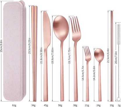 AARAINBOW 8 Pieces Stainless Steel Flatware Set Portable Reusable Cutlery Set Travel Utensils Set Including Chopsticks Knife Fork Spoon Straws Cleaning Brush Dishwasher Safe (Pink Golden)