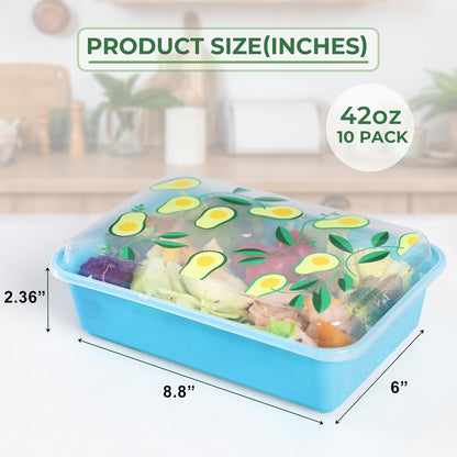 10 Pack 42 oz Meal Prep Containers, Reusable Plastic Food Prep Storage Containers with Printed Lids, Stackable, Leakproof, Microwave & Freezer & Dishwasher Safe,To Go Take Out Box, Avocado