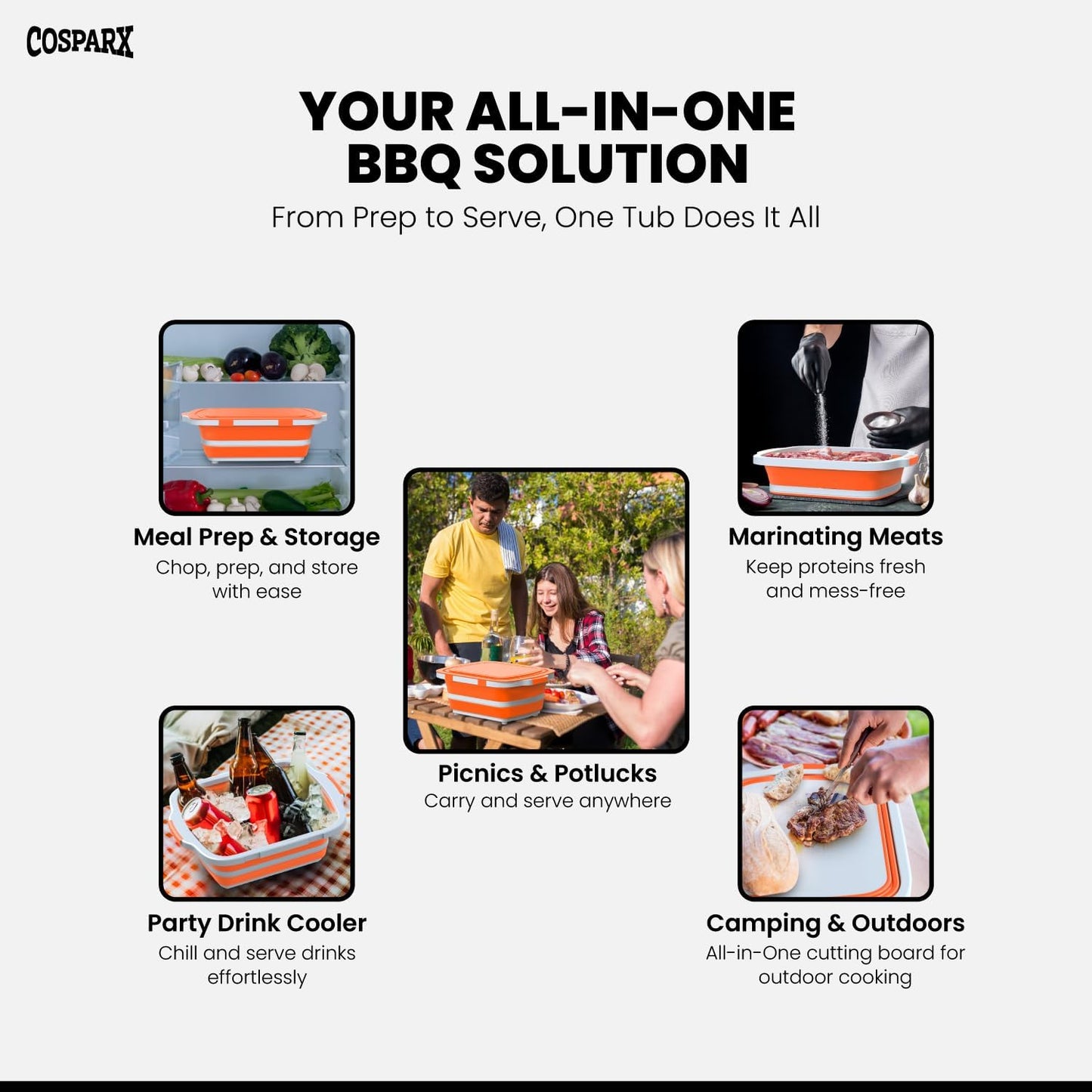 XL Collapsible BBQ Prep Tub with Cutting Board & Drain Plug – Portable Food Prep Station for Kitchen, Camping & Grill – Dishwasher Safe, Space-Saving Design – Heat-Resistant Glove Included (Black)