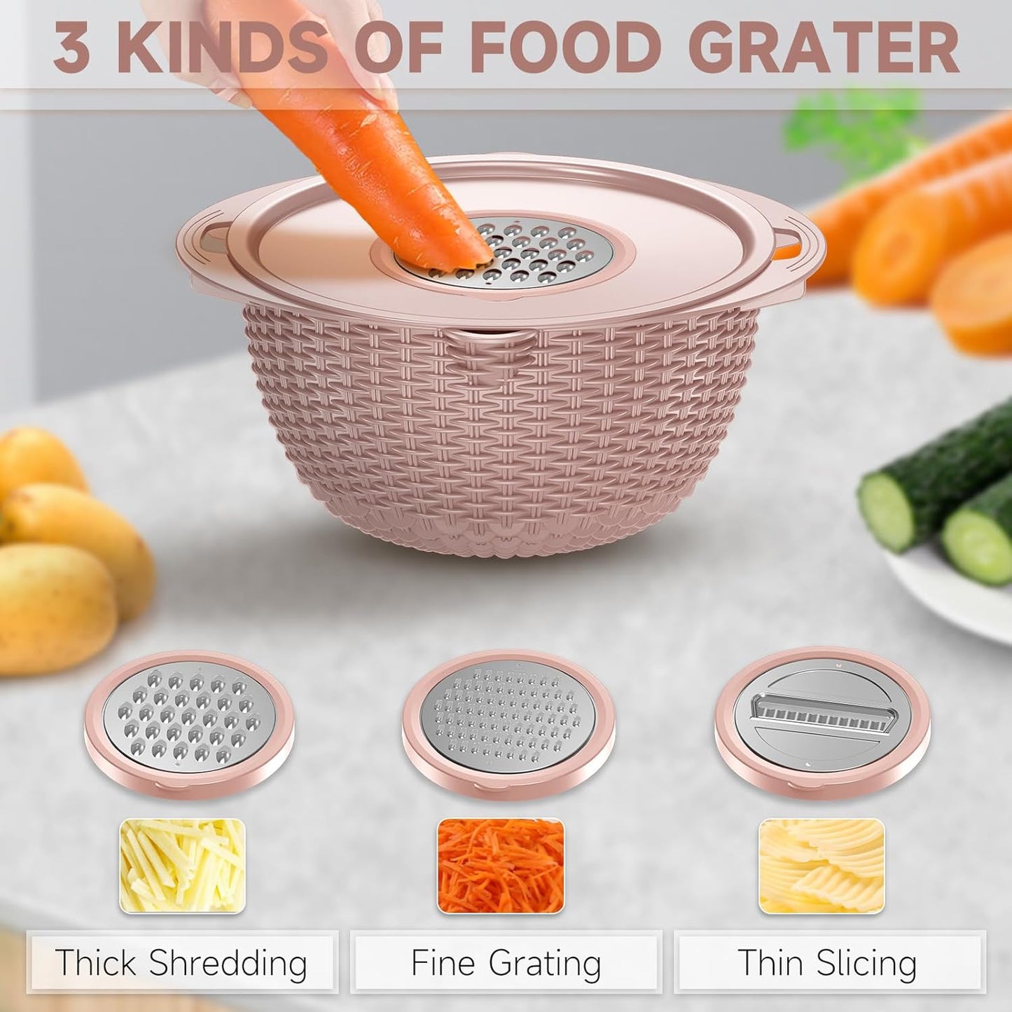 4-1 Colander with Bowl & Spoons Set - Rotatable Colander for kitchen with New Upgraded Graters, Food Strainer(Patented) for Pasta, Fruits, Vegetables, Funny Presents for Women, Beige