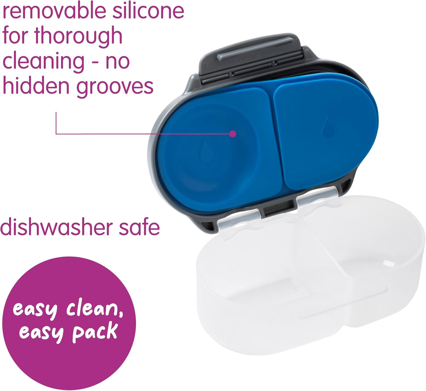 b.box Snack Box 2-Pack - Leak Proof Mini Bento Box for Kids & Toddlers, 2 Compartment Snack Containers for Kids, Dishwasher Safe, BPA-Free, PFAS-Free, Ages 4mo+, 1 3/4 Cup Each (Strawberry + Lilac)
